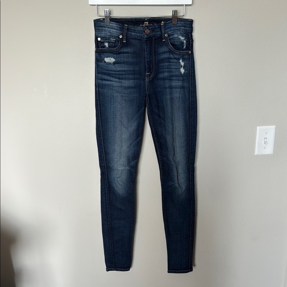 7 For All Mankind Denim - 7 for All Mankind High Waist Skinny Jeans Sz 26 EUC Lightly Distressed Med Wash